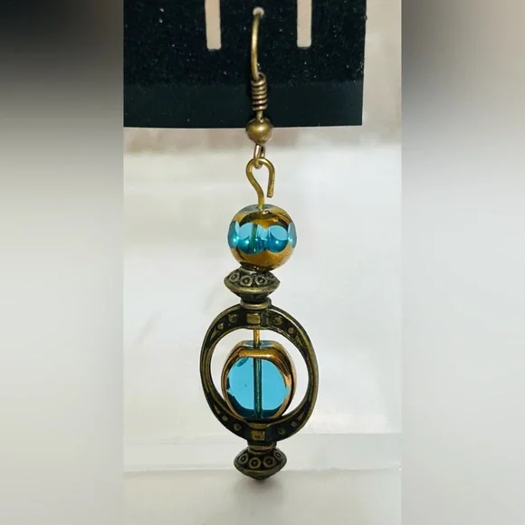 Hand Crafted Elegant Blue Glass and Gold Dangle Earrings - Picture 2 of 3